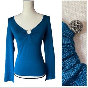 Vintage 78% Silk Knit Stretch Y2K Babydoll Bling O Ring Ruched Sweater Top S